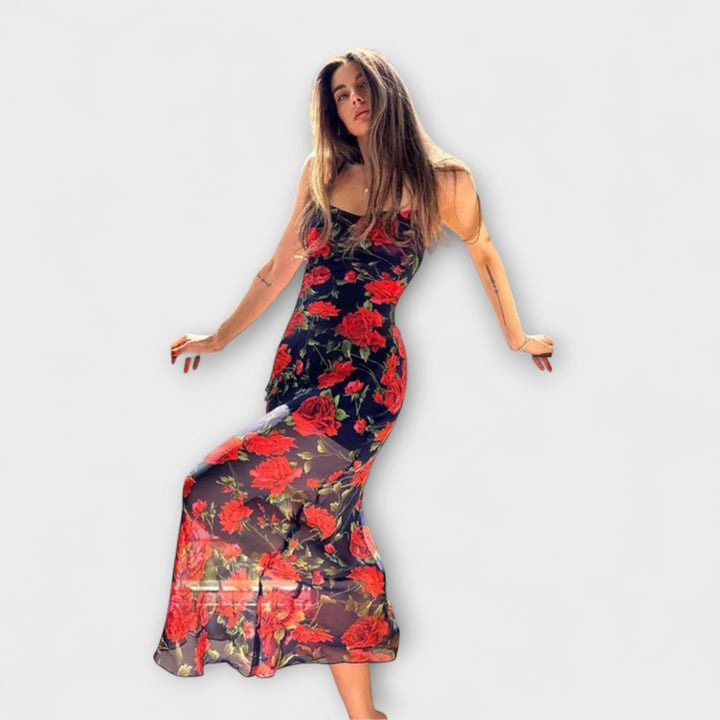 Robe moulante à fines bretelles à motif floral