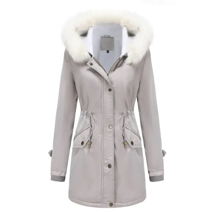 Cozy Faux Fur Trim Parka Jacket for Women with Hooded Long Sleeve Drawstring Waist Relaxed Style