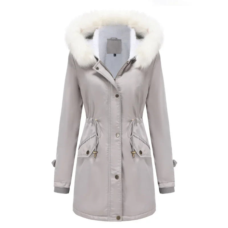 Cozy Faux Fur Trim Parka Jacket for Women with Hooded Long Sleeve Drawstring Waist Relaxed Style