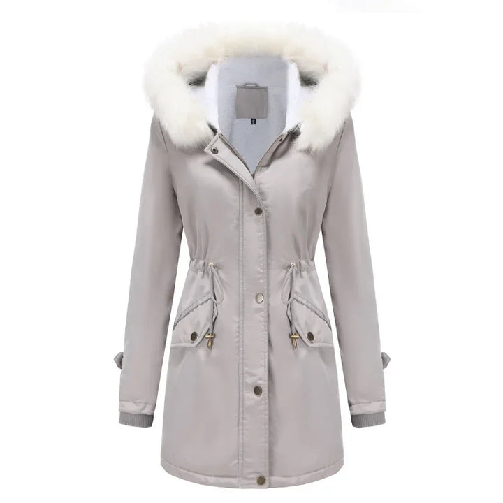 Cozy Faux Fur Trim Parka Jacket for Women with Hooded Long Sleeve Drawstring Waist Relaxed Style