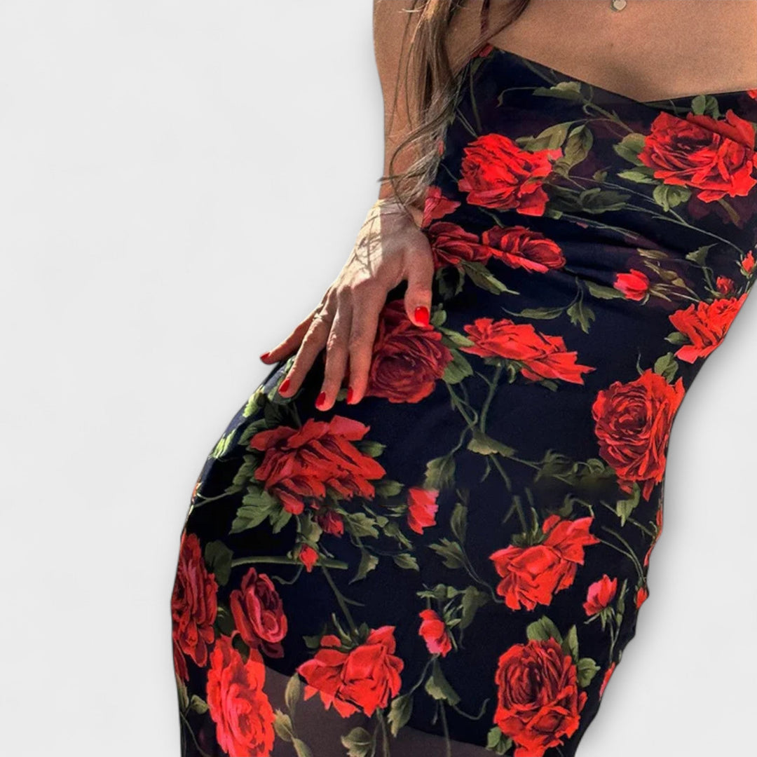 Robe moulante à fines bretelles à motif floral