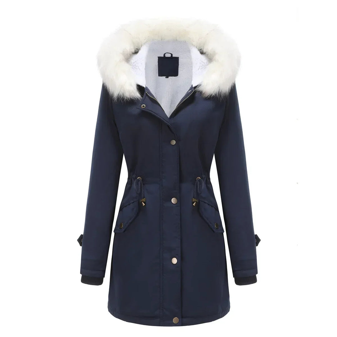 Cozy Faux Fur Trim Parka Jacket for Women with Hooded Long Sleeve Drawstring Waist Relaxed Style