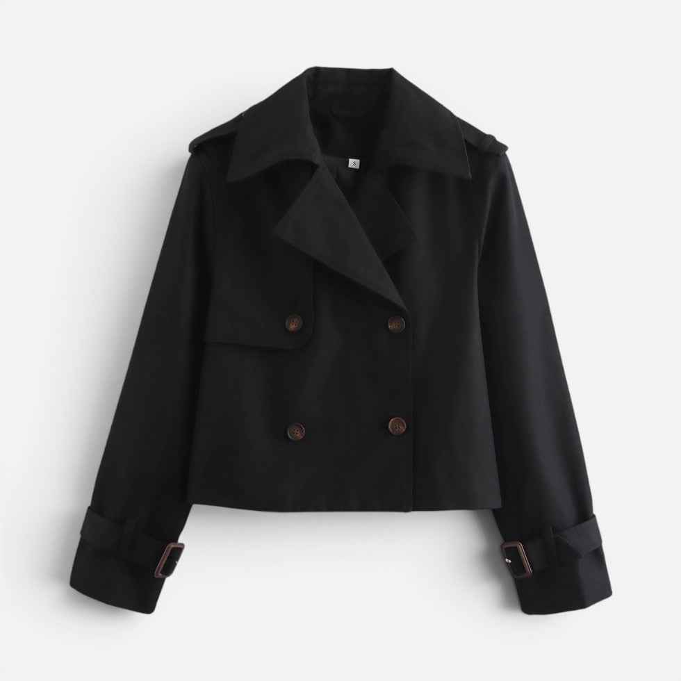 Elegant Cropped Trench Jacket for Women with Notch Lapel Long Sleeve Double Breasted Belted Cuff Style