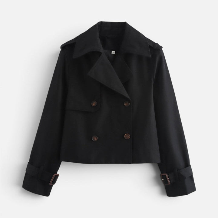 Elegant Cropped Trench Jacket for Women with Notch Lapel Long Sleeve Double Breasted Belted Cuff Style
