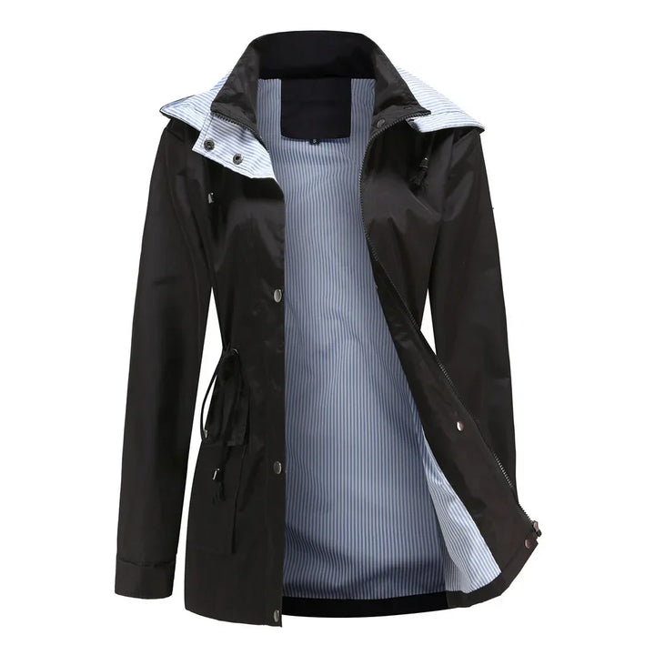 Effortless Rain Jacket for Women with Hooded Collar Long Sleeve Drawstring Waist Relaxed Style