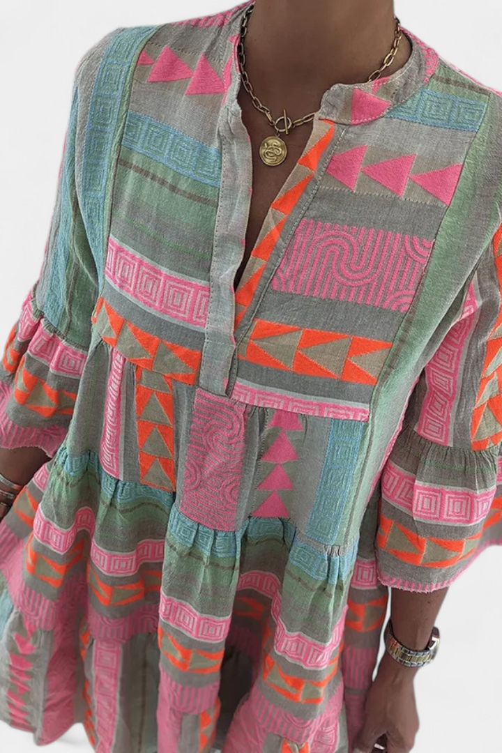 Gina Boho Embroidered Dress with V Neckline