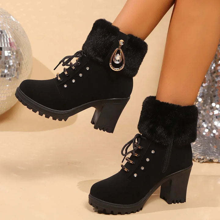 Stylish Faux Fur Boots for Women with Lace Up Rhinestone Block Heel Winter Style