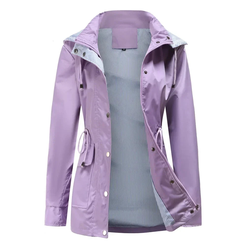 Effortless Rain Jacket for Women with Hooded Collar Long Sleeve Drawstring Waist Relaxed Style
