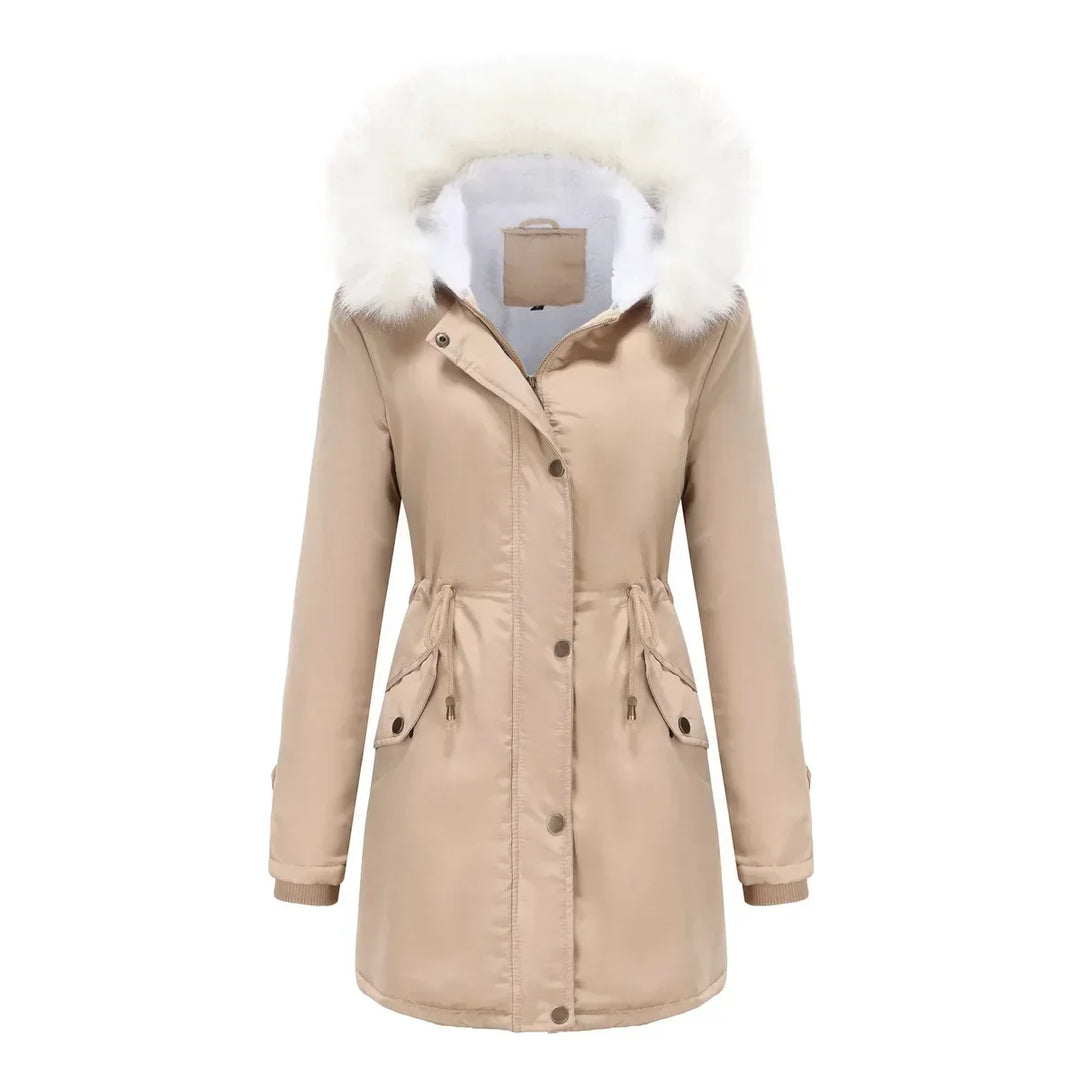 Cozy Faux Fur Trim Parka Jacket for Women with Hooded Long Sleeve Drawstring Waist Relaxed Style