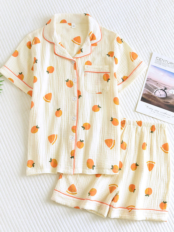 Effortless Cotton Gauze Pajama Set for Women with Notch Collar Short Sleeve Button Front Two Piece Style
