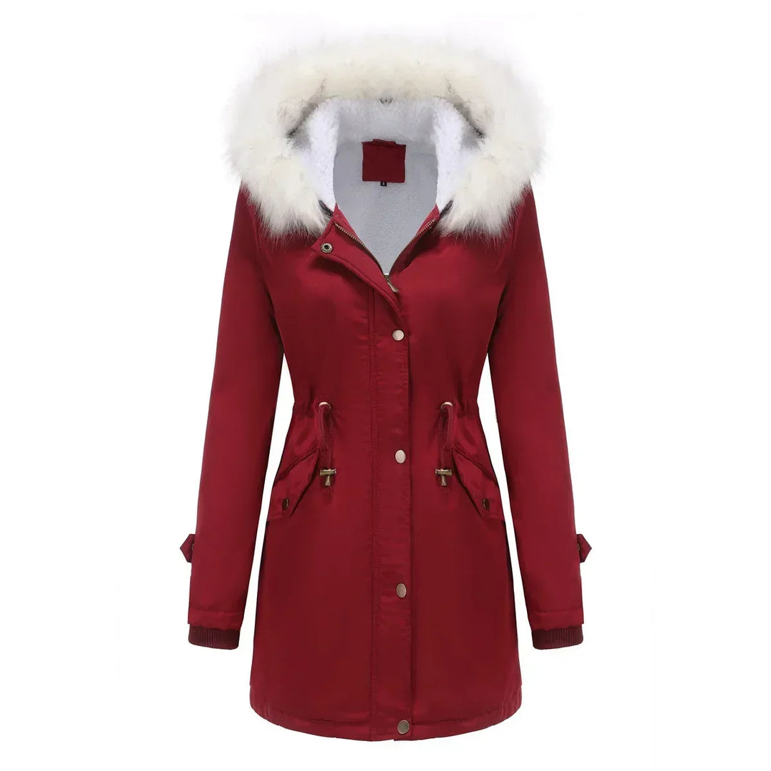 Cozy Faux Fur Trim Parka Jacket for Women with Hooded Long Sleeve Drawstring Waist Relaxed Style