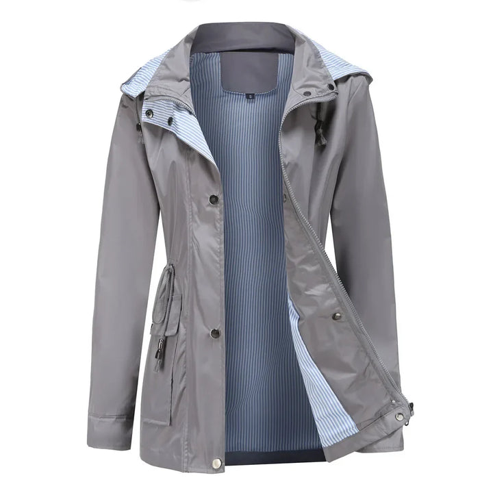 Effortless Rain Jacket for Women with Hooded Collar Long Sleeve Drawstring Waist Relaxed Style