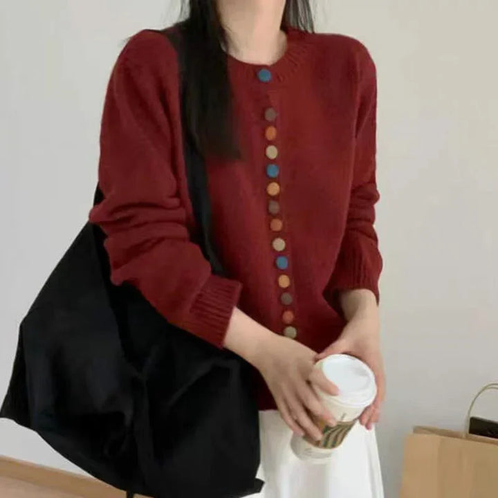 Cozy Knit Cardigan for Women with Crew Neck Long Sleeve Button Front Curved Hem Style