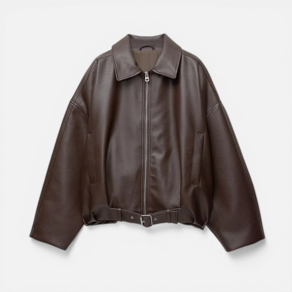 Elegant Leather Jacket for Women with Collar Long Sleeve Belted Oversized Bomber Style