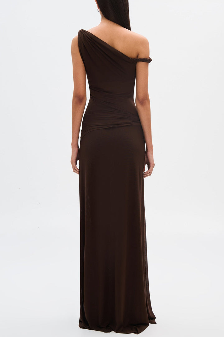 Eranda Sheer Drape Off-Shoulder Maxi Dress