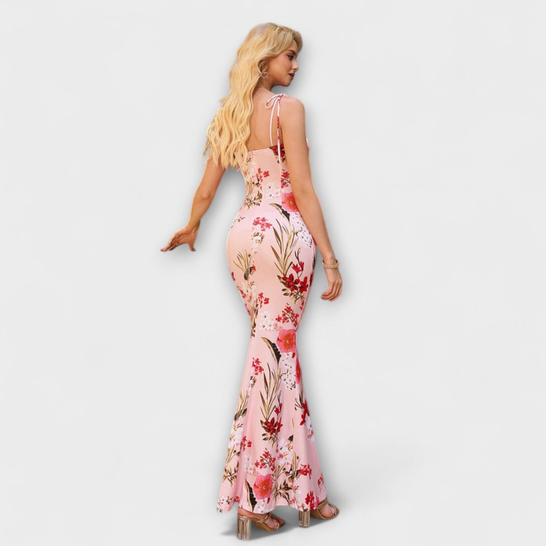 Thalia - Abito da ballo con stampa floreale e spalline annodate