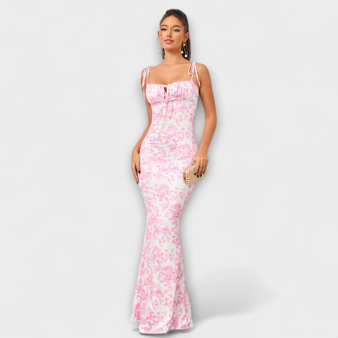 Thalia - Abito da ballo con stampa floreale e spalline annodate
