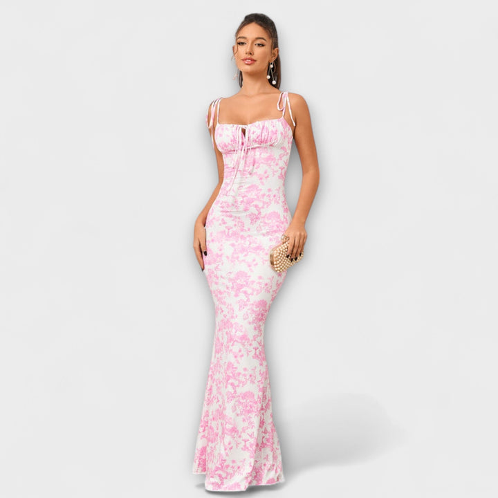 Thalia - Abito da ballo con stampa floreale e spalline annodate