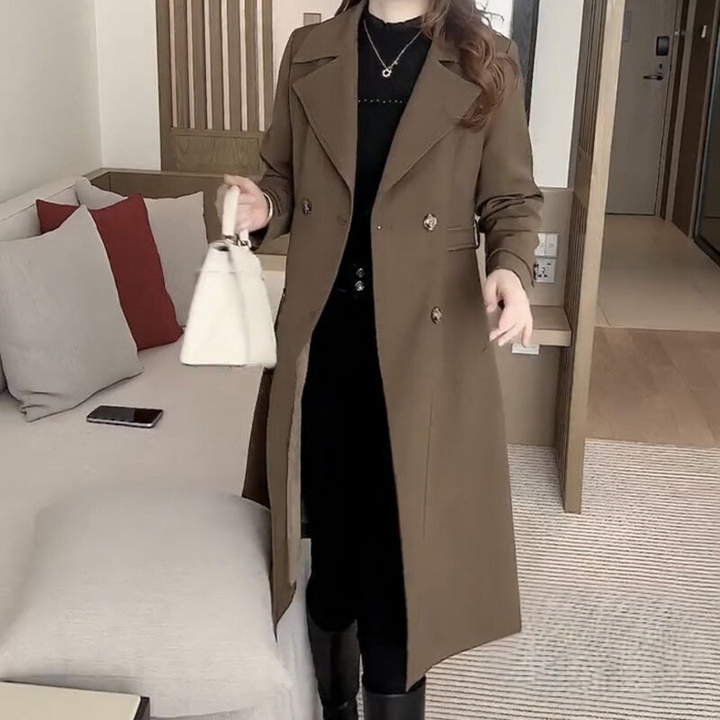 Elegant Trench Coat for Women with Lapel Collar Belted Waist Longline Style