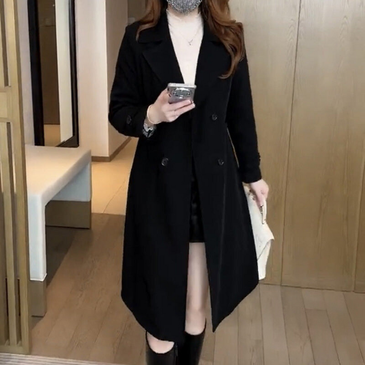 Elegant Trench Coat for Women with Lapel Collar Belted Waist Longline Style