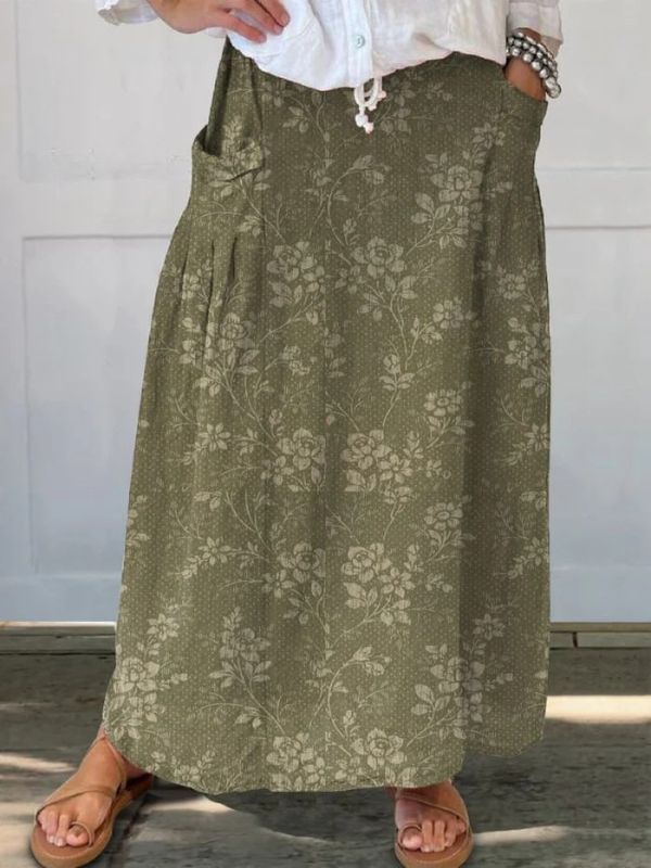 Gonna da donna vintage in lino floreale con elastico in vita e tasche