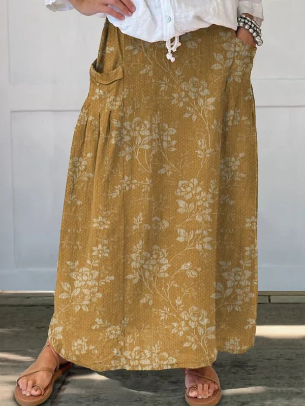 Gonna da donna vintage in lino floreale con elastico in vita e tasche