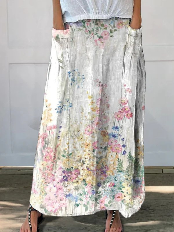 Gonna da donna in lino vintage con stampa botanica floreale, elastico in vita e tasche