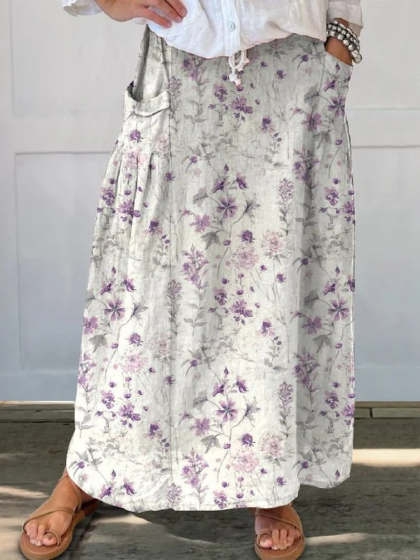Gonna da donna vintage in lino con stampa floreale, elastico in vita e tasche