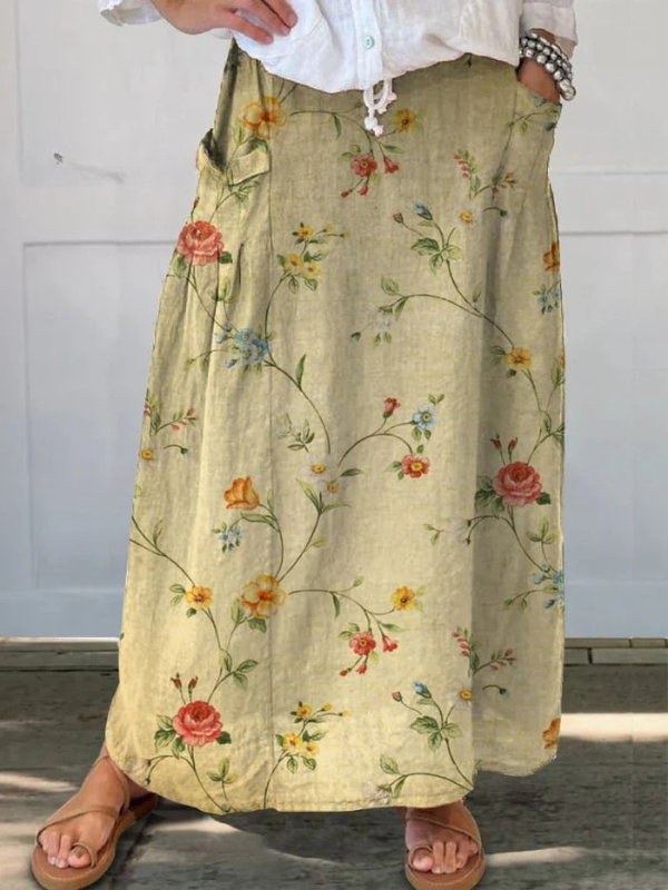 Gonna da donna in lino con stampa floreale, elastico in vita e tasche, stile retrò elegante