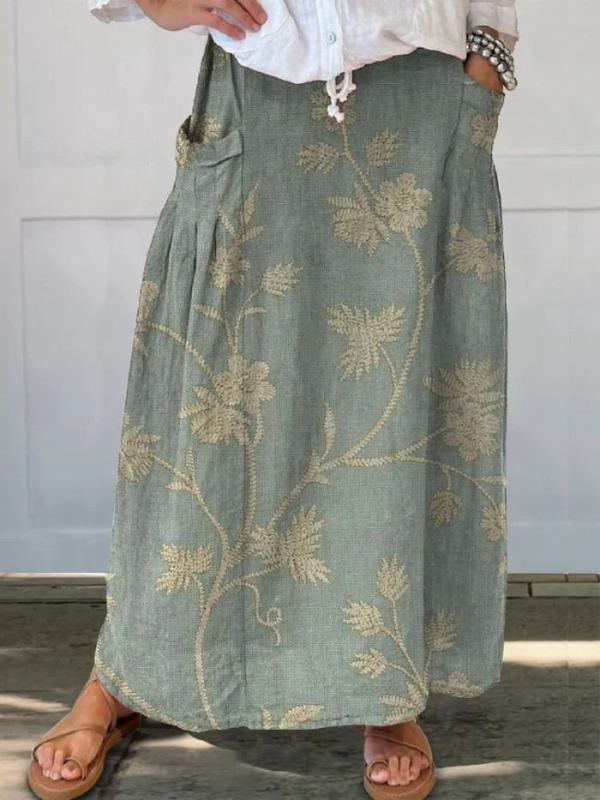Gonna da donna in lino con stampa floreale, elastico in vita e tasche, stile retrò elegante