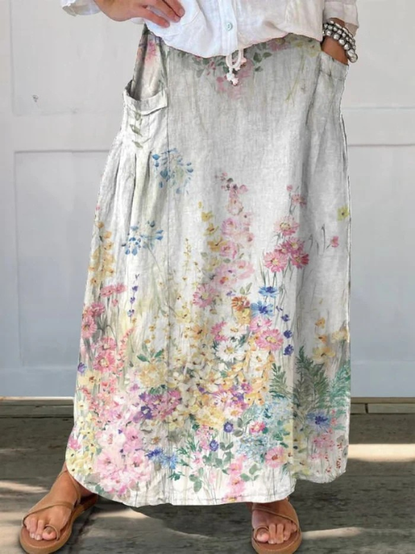 Gonna da donna in lino con stampa floreale, elastico in vita e tasche, stile retrò elegante