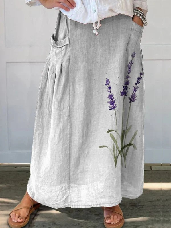 Gonna da donna in lino con stampa floreale lavanda ad acquerello, elastico in vita e tasche