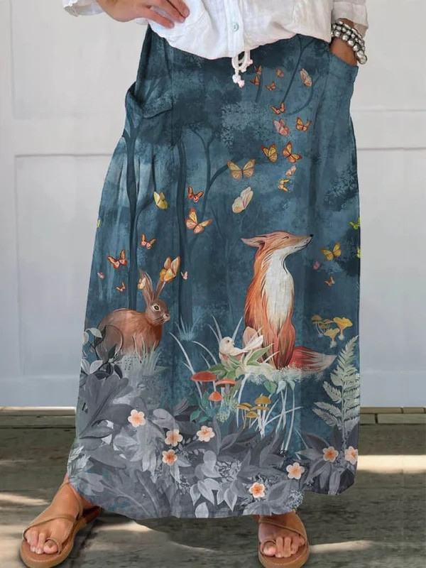 Gonna casual in lino con stampa artistica floreale e animali vintage da donna