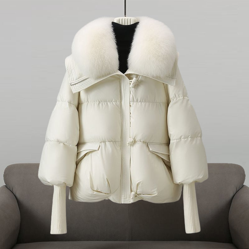 Elegant Fur Collar Puffer Jacket for Women with Hooded Long Sleeve Toggle Closure Oversized Style