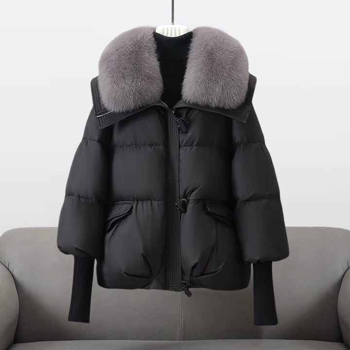 Elegant Fur Collar Puffer Jacket for Women with Hooded Long Sleeve Toggle Closure Oversized Style