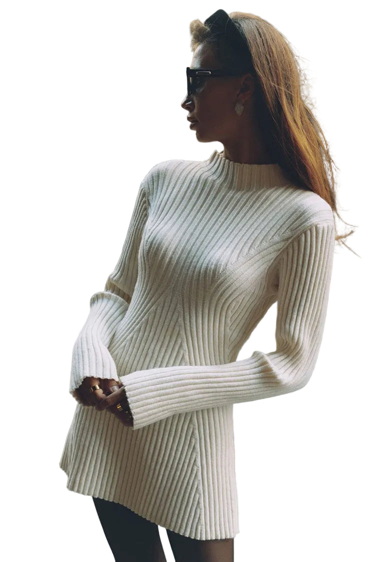 Robe Pull Femme Blanc Acrylique Coton Col Montant Manches Longues Mini