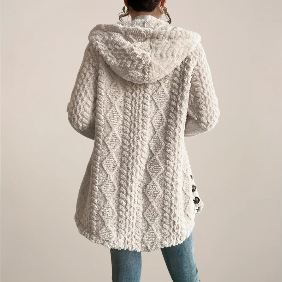 Comfortable Beige Textured Knit Cardigan for Women with Hooded Long Sleeve Button Side Oversized Style