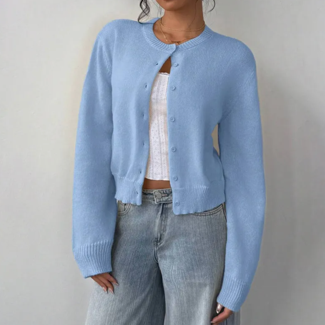 Comfortable Cropped Cardigan for Women with Crew Neck Long Sleeve Button Front Ribbed Knit Style
