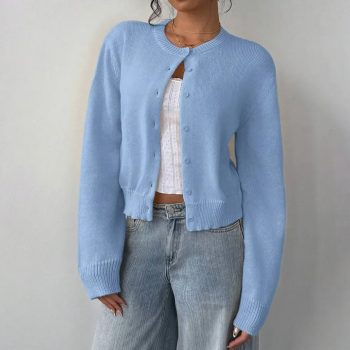Comfortable Cropped Cardigan for Women with Crew Neck Long Sleeve Button Front Ribbed Knit Style