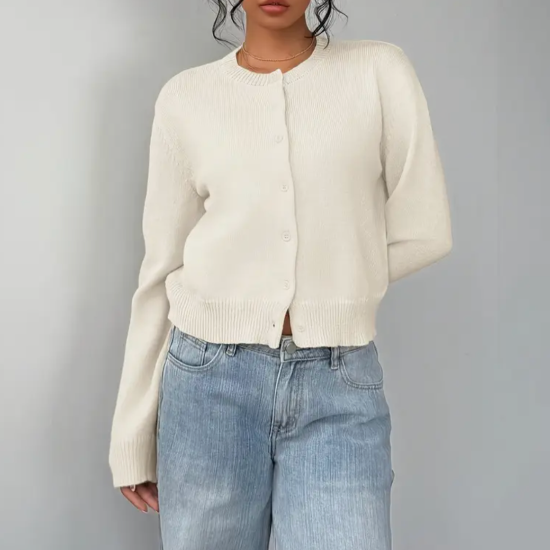 Comfortable Cropped Cardigan for Women with Crew Neck Long Sleeve Button Front Ribbed Knit Style