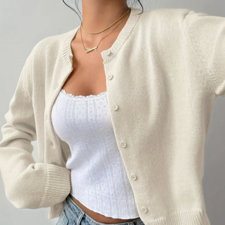 Comfortable Cropped Cardigan for Women with Crew Neck Long Sleeve Button Front Ribbed Knit Style