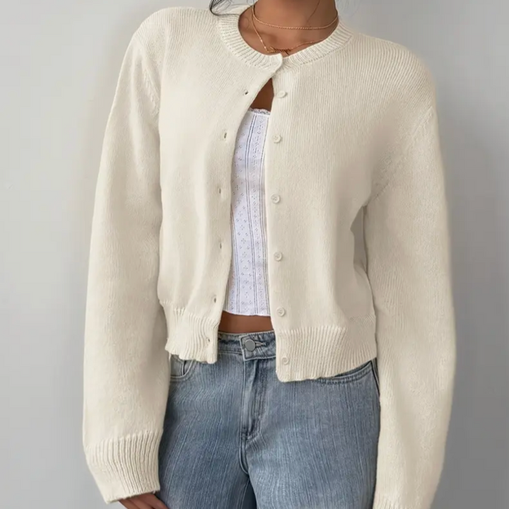 Comfortable Cropped Cardigan for Women with Crew Neck Long Sleeve Button Front Ribbed Knit Style