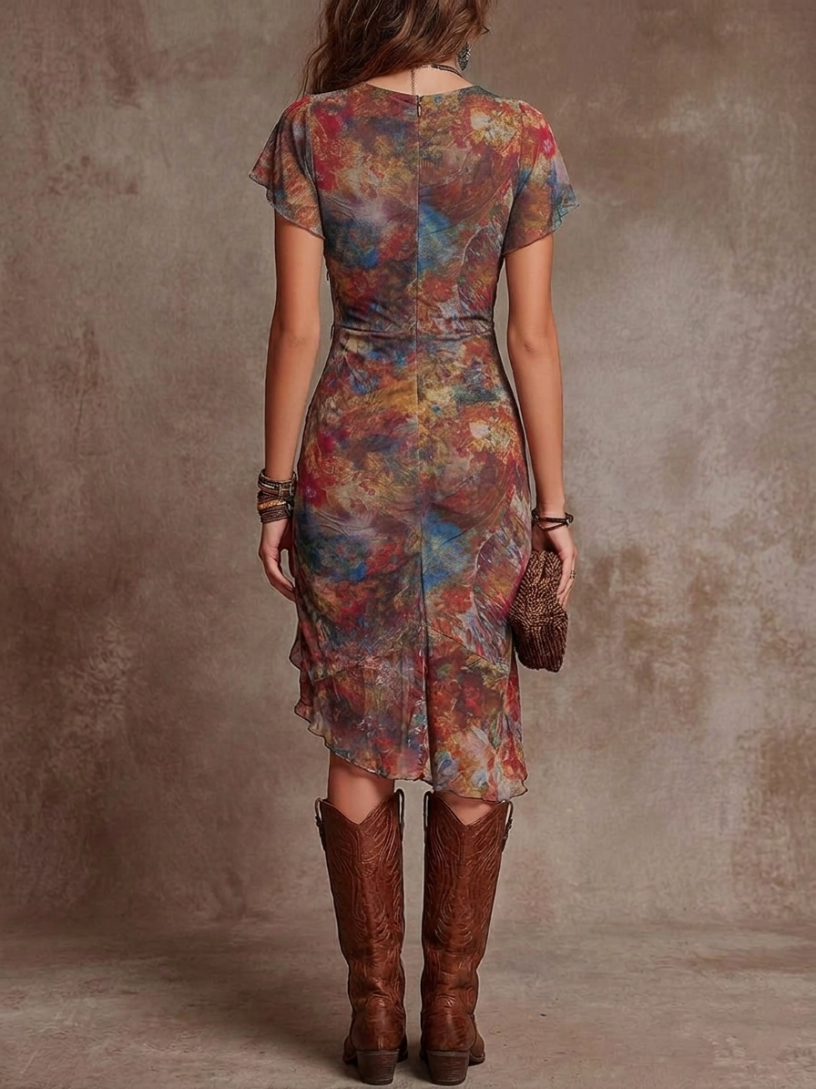 Joan | Robe midi plissée bohème à col en V et motifs abstraits