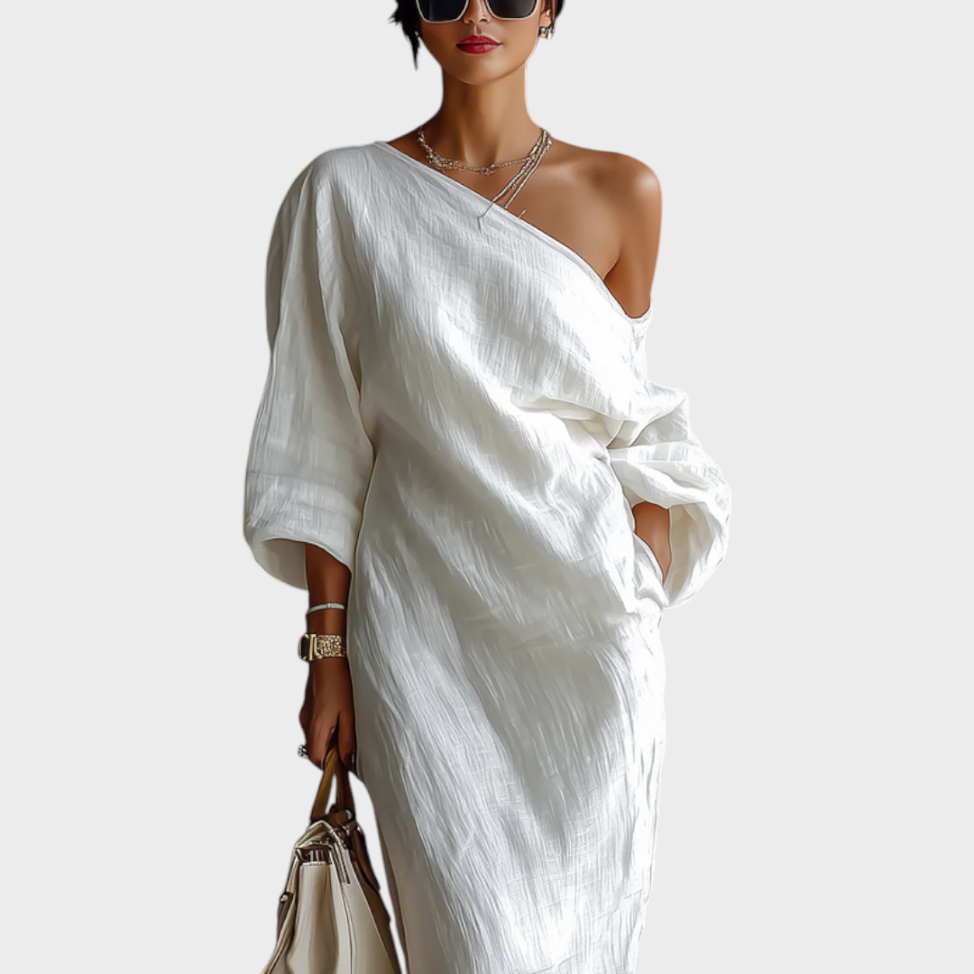 Ambra | Abito lungo bianco monospalla
