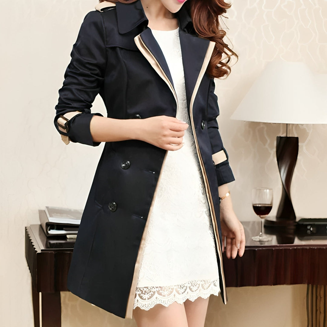 Elegant Trench Coat for Women with Notched Lapel Long Sleeve Belted Double Breasted Style