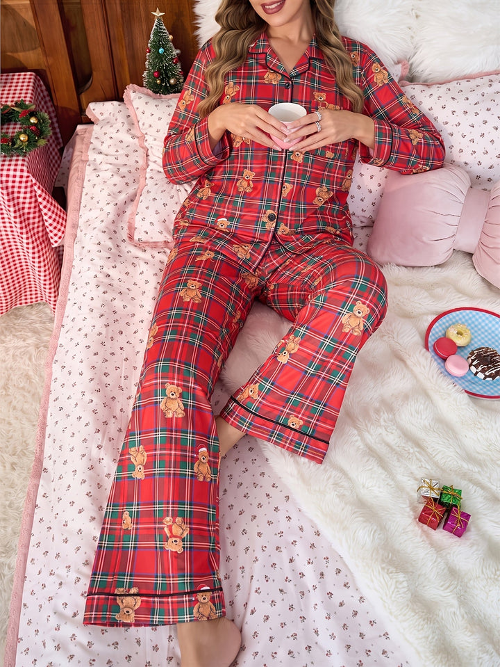 Cozy Red Plaid Christmas Pajamas for Women with Notch Collar Long Sleeve Bear Print Two Piece Style