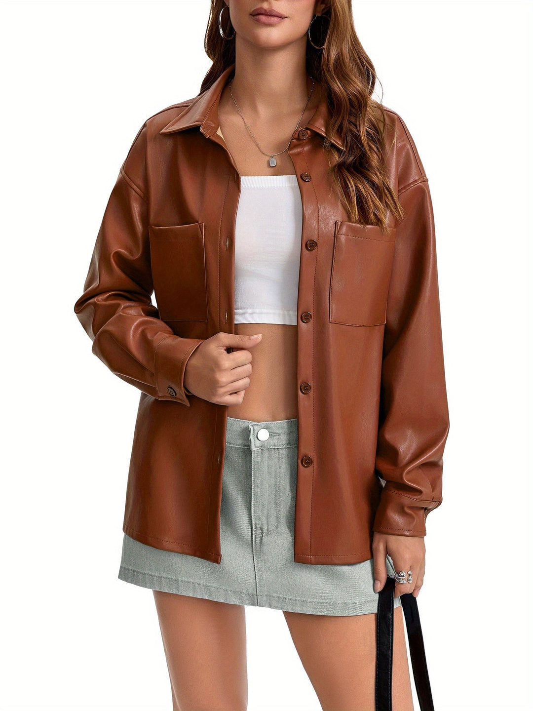 Effortless Leather Jacket for Women with Button Front Collared Oversized Shacket Style
