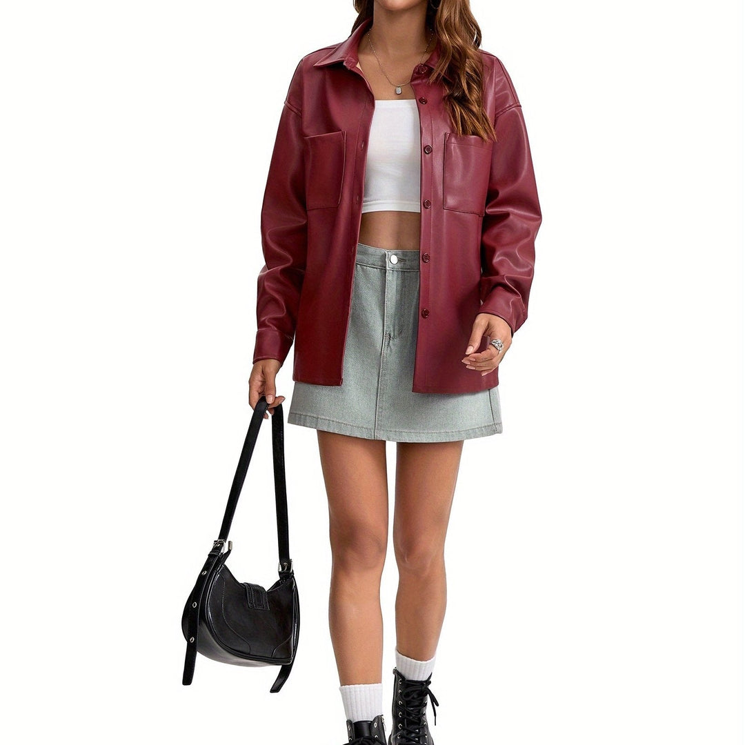 Effortless Leather Jacket for Women with Button Front Collared Oversized Shacket Style