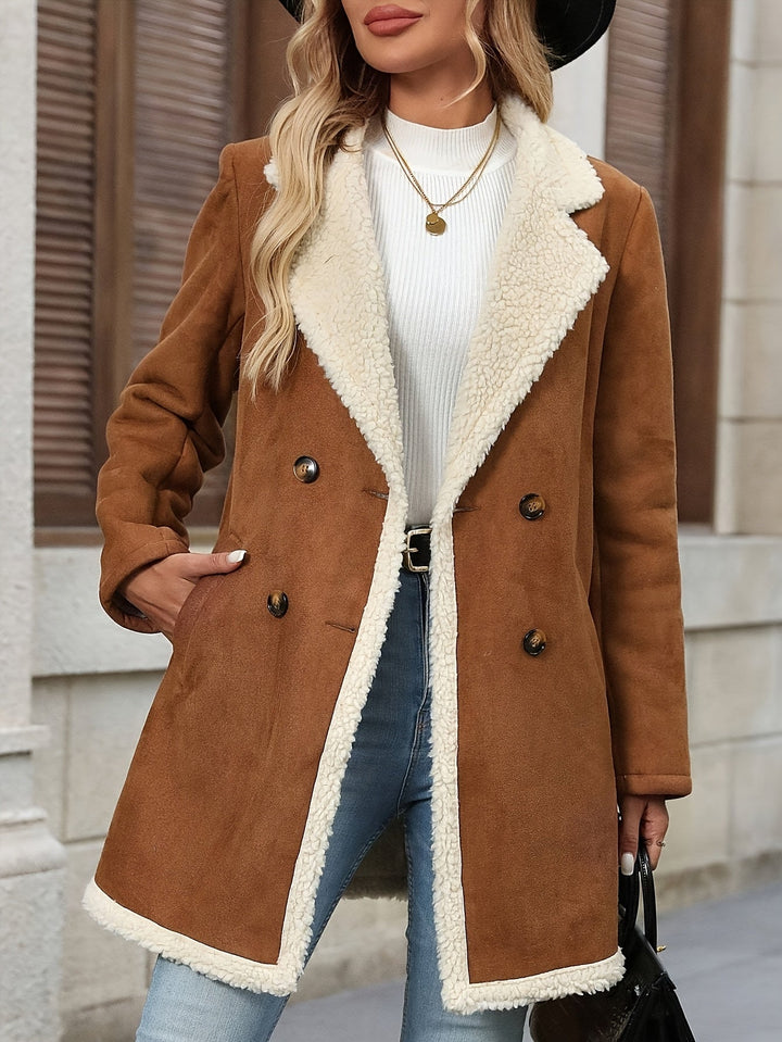 Elegant Light Brown Shearling Coat for Women with Notch Lapel Double Breasted Faux Fur Trim