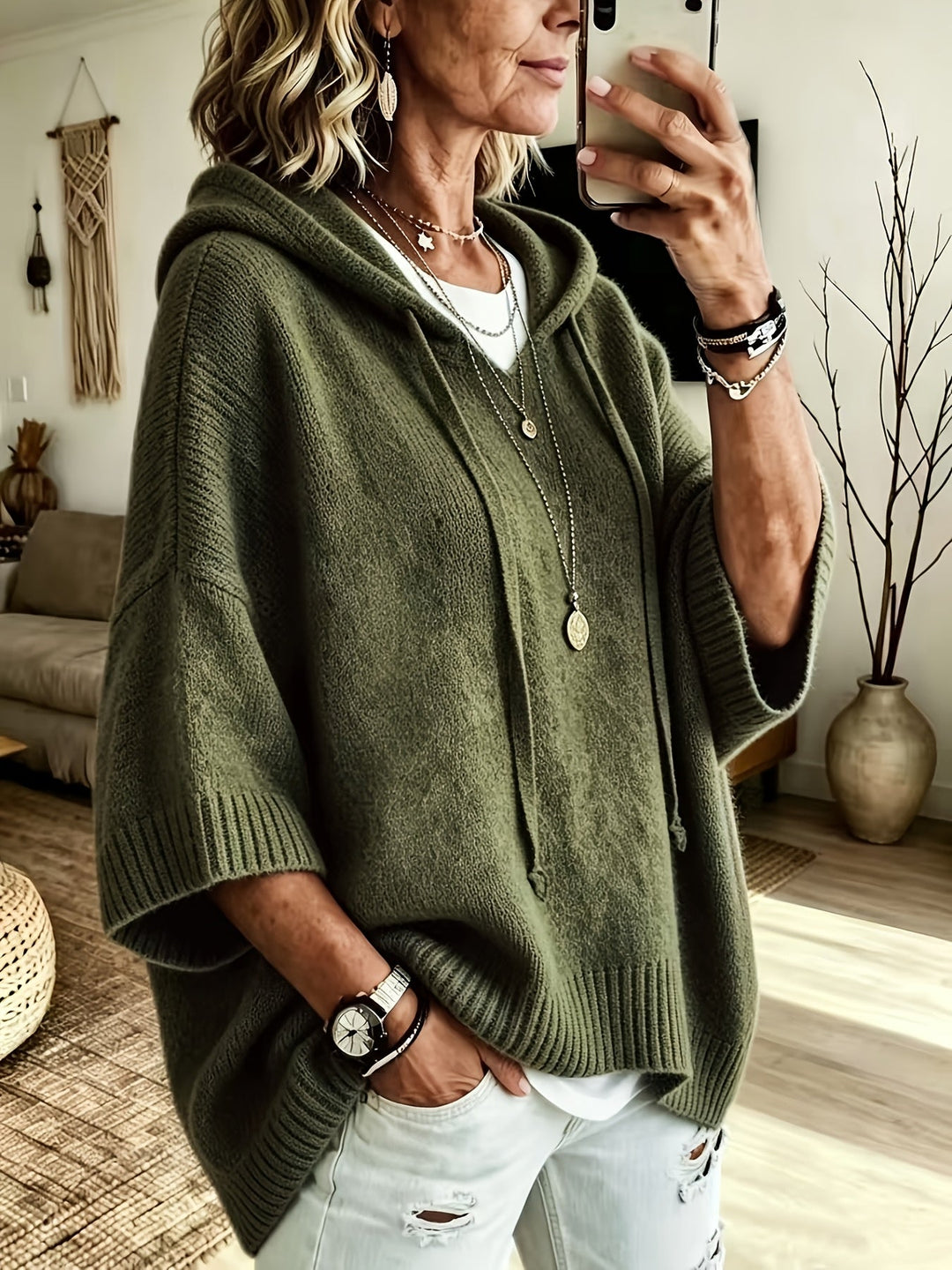 Comfortable Knit Oversized Hoodie for Women with Hooded Neck Half Sleeve Batwing Relaxed Style